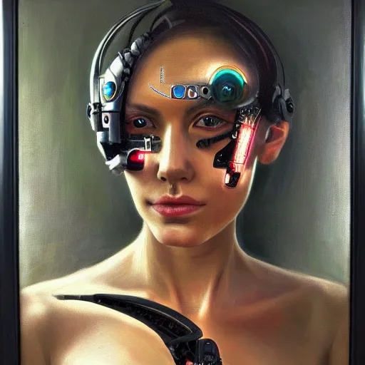 Prompt: amazing portrait of a beautiful cyborg, oil painting. HD