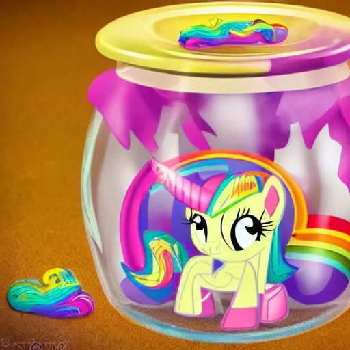 Image similar to a my little pony figure in a jar covered in a mysterious sticky yellowish fluid