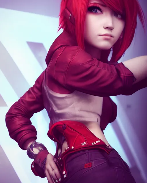 Image similar to a girl with short red hair, cool, vi from arcane, league of legends, fighter, cool red jacket, tattoo, beautiful, 3 d, potrait, art staion, studio light, closeup shot, octane render, wlop