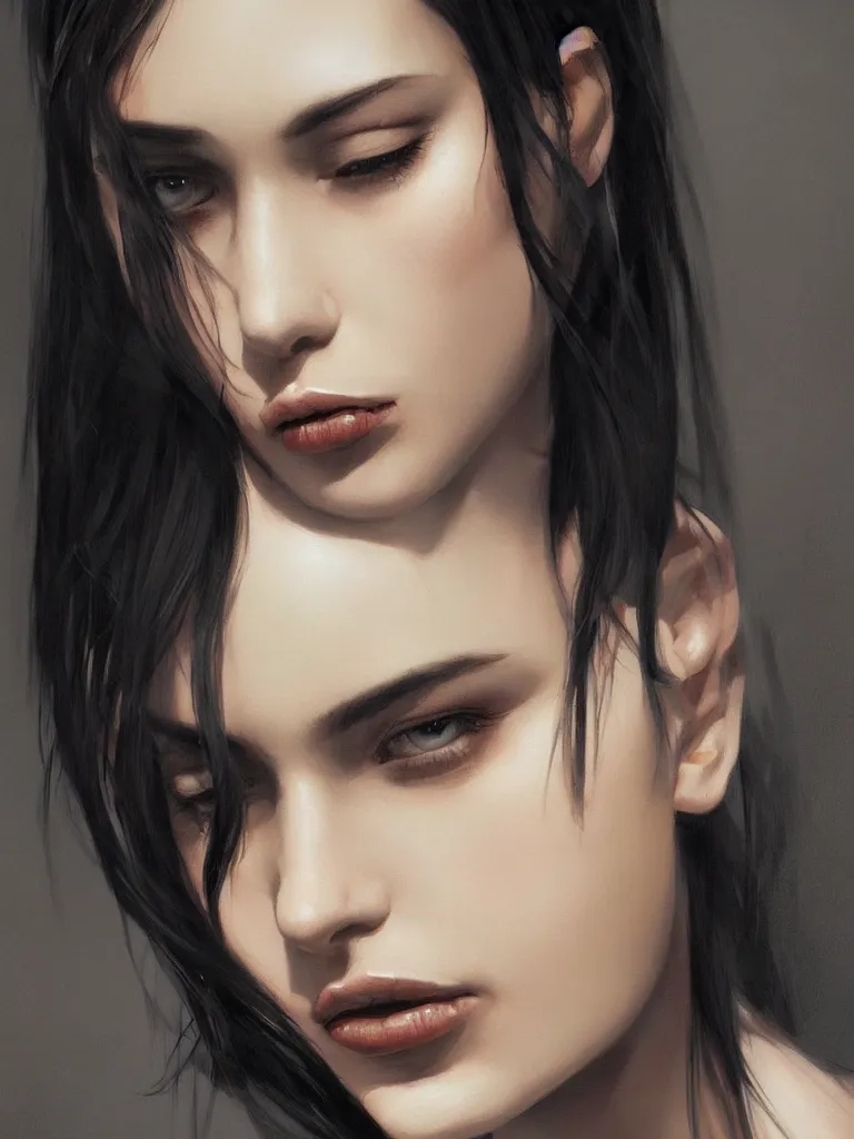 Prompt: portrait of a beautiful woman, black hair, attractive, casual, modern, highly detailed, digital painting, artstation, concept art, smooth, sharp focus, illustration, art by thomas saliot