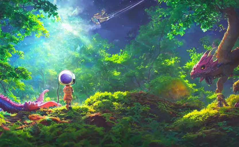 Image similar to a still of a cute adorable tiny astronaut, on a planet of lush colorful foliage surrounded by monster dragons, magical forest, sharp focus, neon backlit, highly detailed, disney pixar studio ghibli makoto shinkai, digital painting, matte, octane render, cinematic volumetric lighting, global illumination, iridescent, anime, 8 k concept art