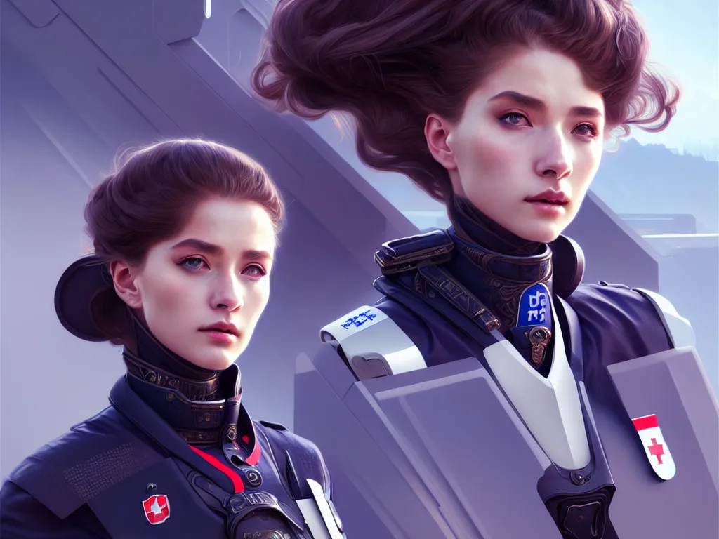 Prompt: portrait futuristic swiss police uniform female, at future neon light rooftop, ssci - fi and fantasy, intricate and very very beautiful and elegant, highly detailed, digital painting, artstation, concept art, smooth and sharp focus, illustration, art by tan zi and ayanamikodon and alphonse mucha and wlop