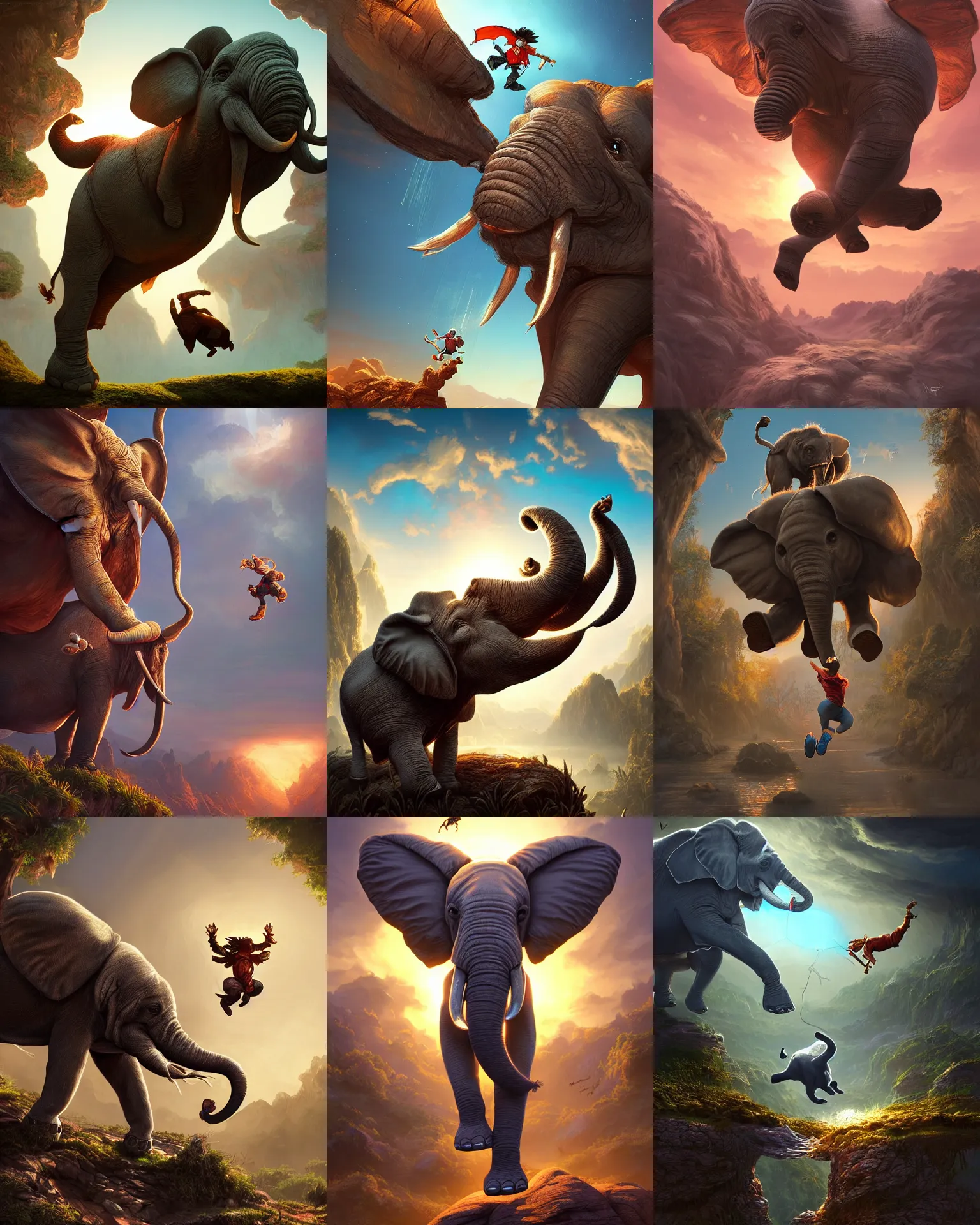 Prompt: kids fantasy sketch of a jumping elephant, fantasy, intricate, epic lighting, cinematic composition, hyper realistic, 8 k resolution, unreal engine 5, by artgerm, tooth wu, dan mumford, beeple, wlop, rossdraws, james jean, marc simonetti, artstation