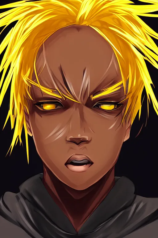 Image similar to golden glowing black male anime character, blonde hair, yellow eyes, symmetrical, highly detailed, digital art, sharp focus, trending on art station, crazy hair, electricity everywhere