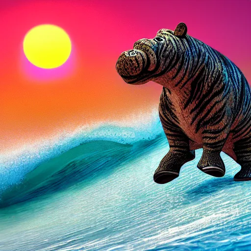 Image similar to a closeup photorealistic photograph of a cute smiling knitted tiger hippopotamus riding an epic wave at sunset. surf in the background. professional capture. brightly lit scene. this 4 k hd image is trending on artstation, featured on behance, well - rendered, extra crisp, features intricate detail, epic composition and the style of unreal engine.