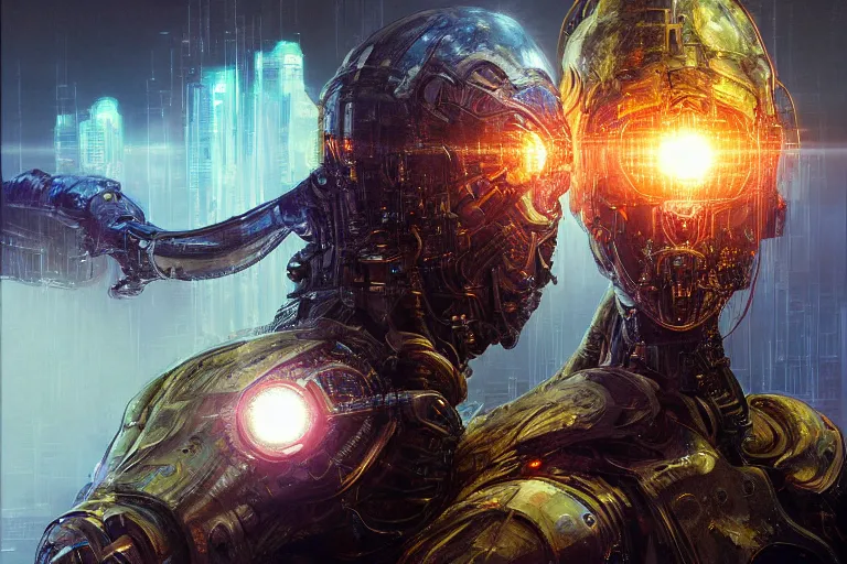 Image similar to portrait sci-fi art by Moebius and Ruan Jia and Joao Silva, a glowing alien liquid metal orb floating above the hand of a soldier, solar flares, futuristic environment, detailed and intricate environment, fractal biomech, cyberpunk, neon color, purple bioluminescence, gold and black metal, dramatic lighting, cinematic, high technology, highly detailed portrait, digital painting, artstation, concept art, smooth, sharp focus, ilustration, Artstation HQ