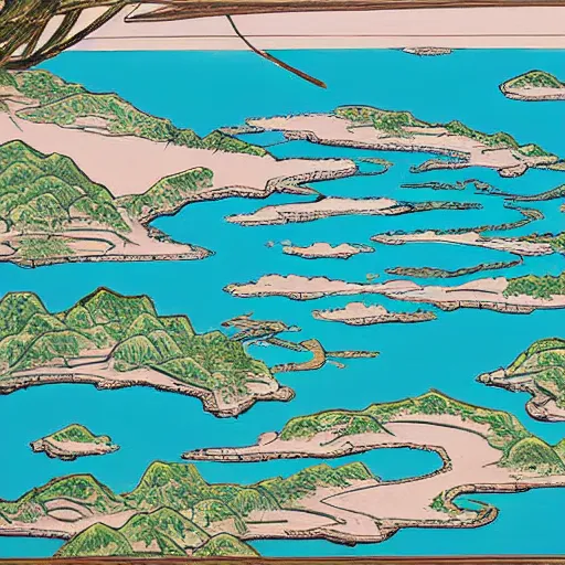 Prompt: a beautiful painting of a lake with many islands connected by bridges by hirohiko araki, detailed line art, jojos bizarre adventure