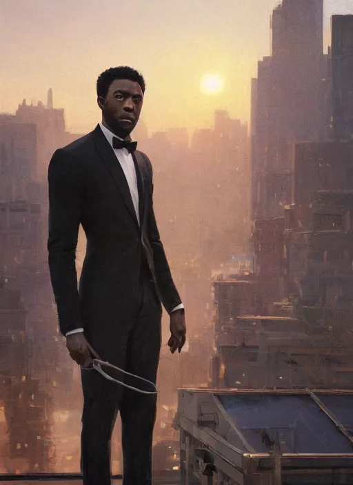 Prompt: A digital painting of a portrait of Chadwick Boseman alone on a rooftop during Golden Hour. masterpiece 4k digital illustration by Ruan Jia and Mandy Jurgens and Artgerm and greg rutkowski and Alexander Tsaruk and WLOP and william-adolphe bouguereau, marvel comics, dark, intricate, highly detailed, smooth, artstation, digital illustration by Ruan Jia and Mandy Jurgens and Artgerm and Wayne Barlowe and Greg Rutkowski and Frank Frazetta , award winning, Artstation, art nouveau aesthetic, Alphonse Mucha background, intricate details, realistic, panoramic view, Hyperdetailed, 8k resolution, intricate art nouveau