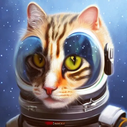 Image similar to head and shoulders masterpiece portrait of a cute adorable cat wearing a spacesuit, surreal background, digital art by krenz cushart, trending on artstation, cgsociety,