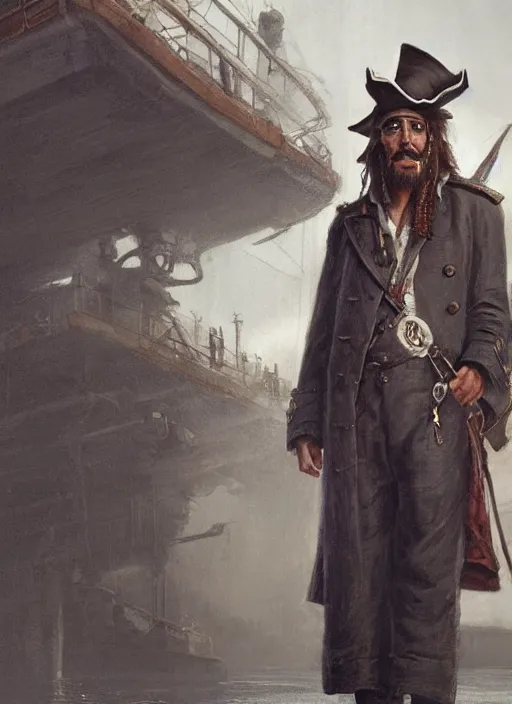 Image similar to portrait of a 1 9 th century pirate in a trenchcoat standing on the deck of a ship, victorian, concept art, detailed face, fantasy, highly detailed, cinematic lighting, digital art painting by greg rutkowski