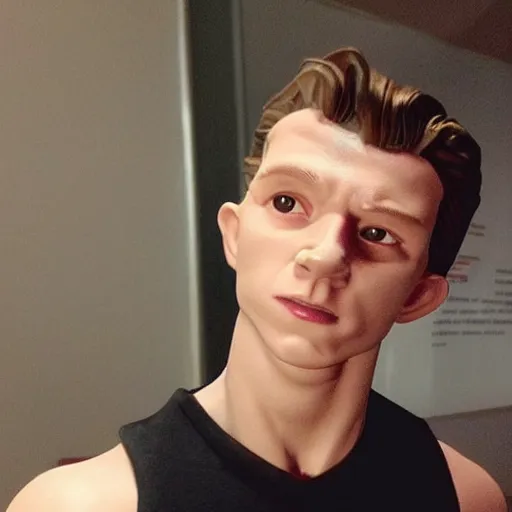 Image similar to “a realistic detailed photo of a guy who is the terminator robot, a cyborg consisting of living tissue over a robotic endoskeleton, who is a male android, Tom Holland, posing like a statue, blank stare”