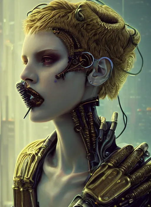 Image similar to soft lustrous hard tech ivory biotech raver gutter punk cyborg bioweapon, golden ratio, details, sci - fi, dark fantasy, cyberpunk, intricate, decadent, ornate, highly detailed, digital painting, octane render, 8 k, artstation, concept art, smooth, sharp focus, illustration, art by artgerm, loish, wlop