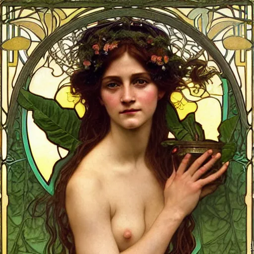 Prompt: detailed portrait art nouveau painting of the goddess of the soil, backlit, who resembles Saoirse Ronan, Kate Moss, and Emma Watson with anxious, piercing eyes, by Alphonse Mucha, Michael Whelan, William Adolphe Bouguereau, John Williams Waterhouse, and Donato Giancola