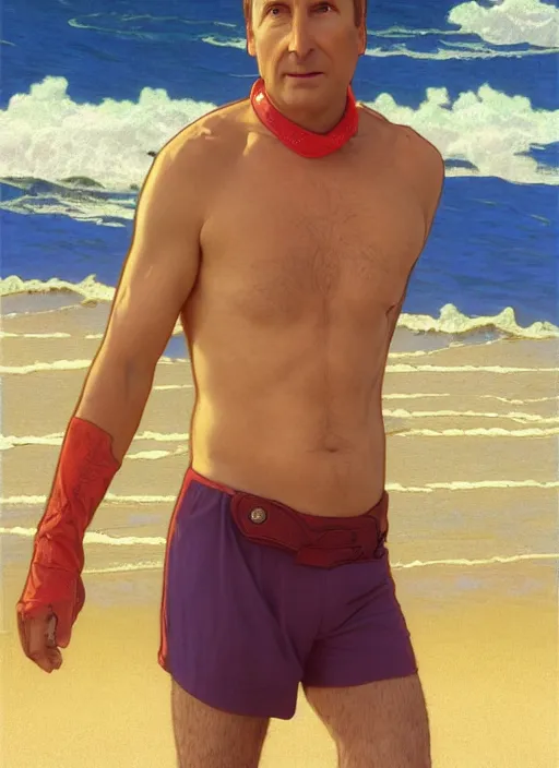 Image similar to portrait Bob Odenkirk as sea lifeguard on the beach, full length shot, shining, 8k highly detailed, sharp focus, illustration, art by artgerm, mucha, bouguereau