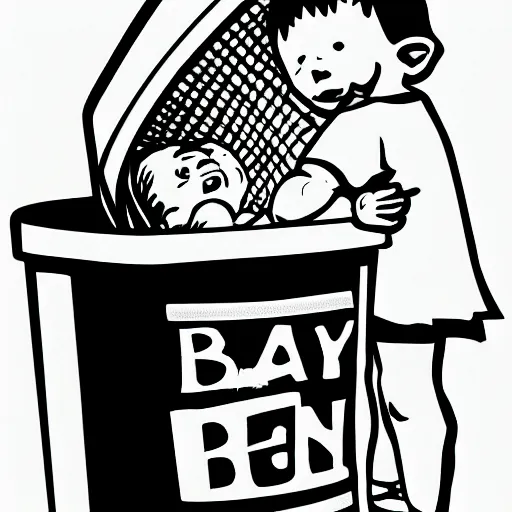 Image similar to baby getting tossed in a trash can, 2d, black on white