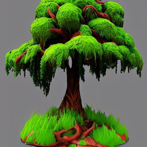 Image similar to a swamp tree design, 3D render, Z-Brush sculpt, fortnite style
