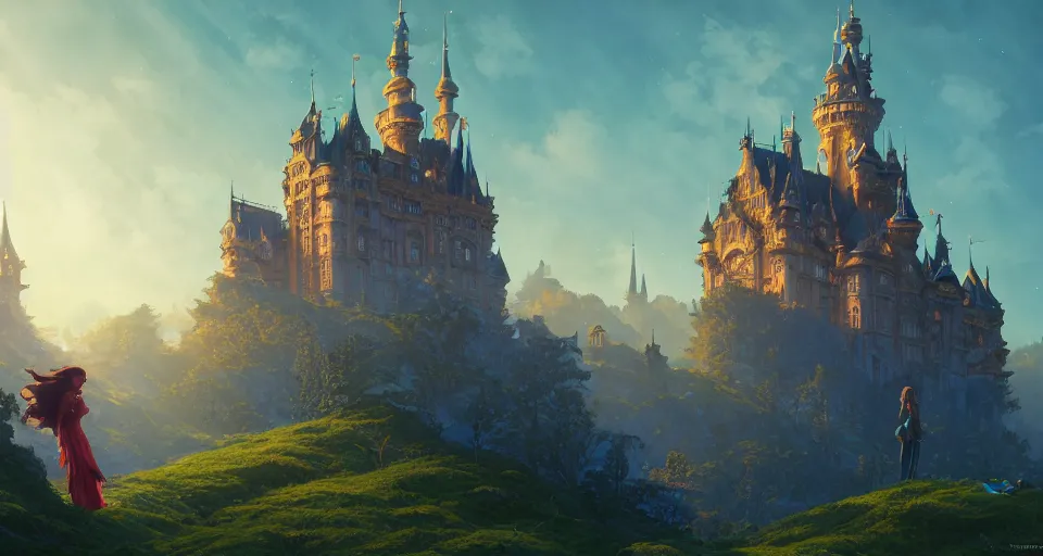 Image similar to highly detailed fairytale castle, stephen bliss, unreal engine, greg rutkowski, loish, rhads, beeple, makoto shinkai and lois van baarle, ilya kuvshinov, rossdraws, tom bagshaw, tom whalen, alphonse mucha, global illumination, god rays, detailed and intricate environment