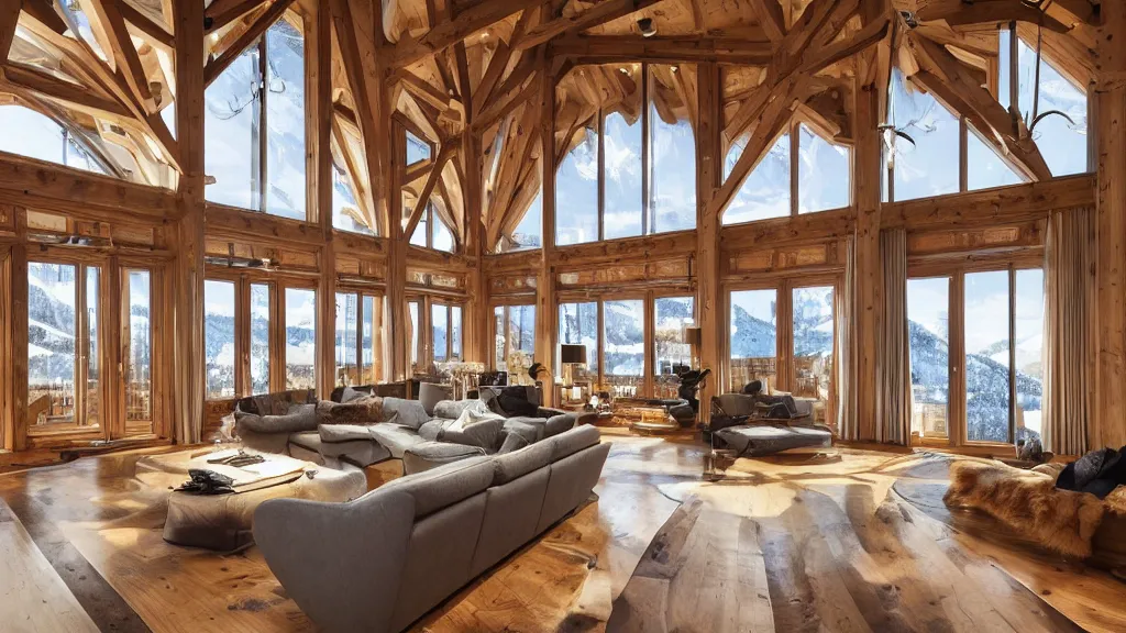 Prompt: interior view of a luxurious ski chalet, high ceilings, polished hardwood floors, sublime architecture, maximalist decor, beautiful lighting, huge windows, located in Norway