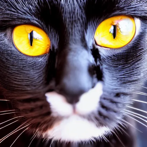 Image similar to intricate photo of a black cat, extreme close up on the cats face, cat facing right