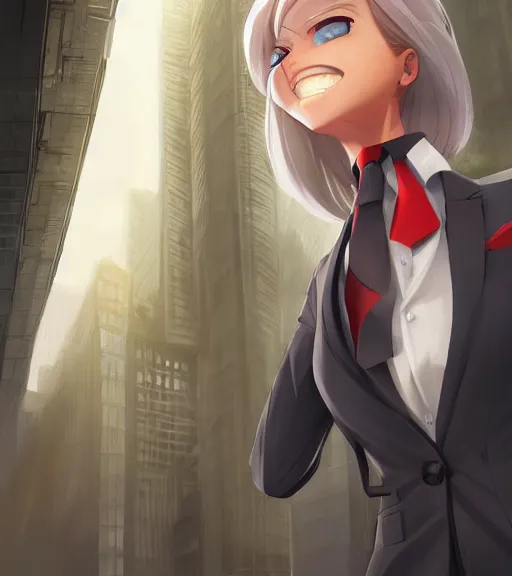 Image similar to a girl in a business suit, close up, sharp focus, red necktie, grey hair, happy expression, full body shot, pixiv, city background, digital painting, by tran ross and jordan grimmer and greg rutkowski, anime art, artstation, hd, smooth,