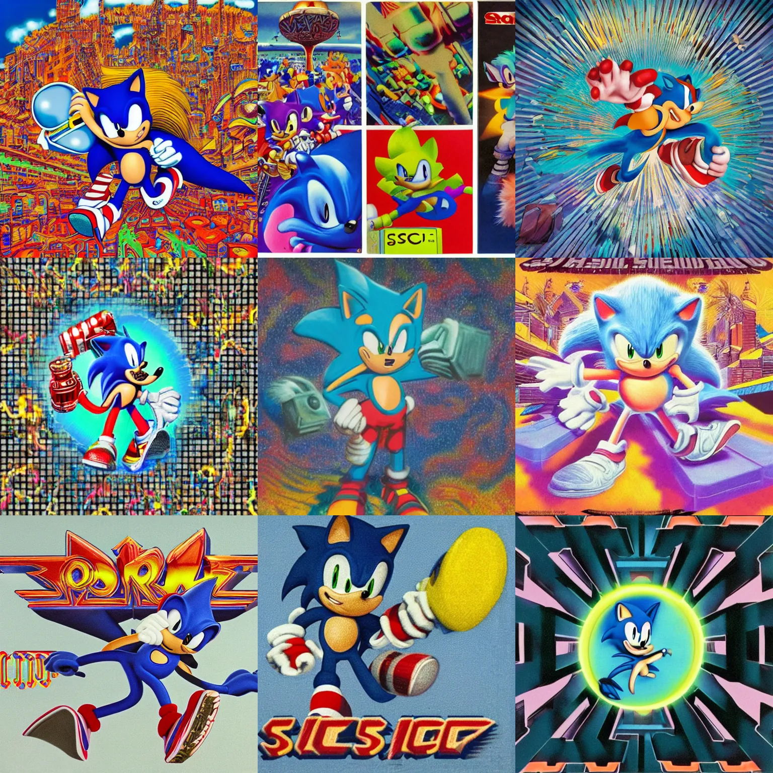 Prompt: retro 1 9 8 0 s game advertisement of sonic in a surreal, faded, detailed professional, totally radical, high quality airbrush art shpongle album cover of a liquid dissolving lsd dmt sonic the hedgehog on a flat blue checkerboard plane, 1 9 8 0 s 1 9 8 2 prerendered graphics raytraced phong shaded album cover