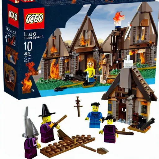 Prompt: Salem witch trials Lego set, burning at the stake legos, witch tied to a stake, mob Justice legos