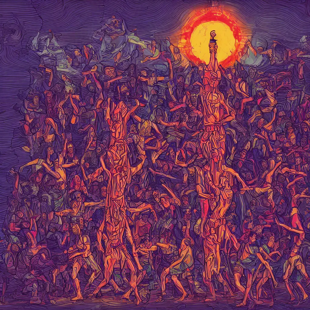 Prompt: a wooden slavic totem of piorun god surrounded by dancing people, synthwave style digital art picture