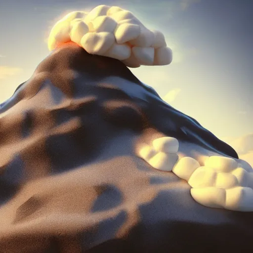 Prompt: The mountain made of ice cream, marshmallow cloud in the sky,artstation,highly detailed,8k,elegant