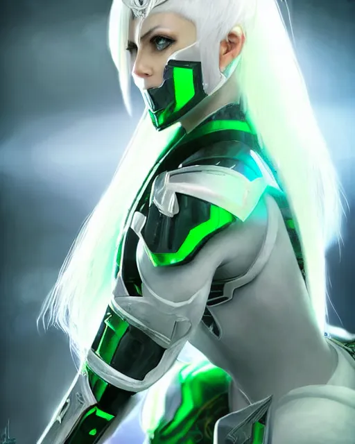 Prompt: perfect white haired attractive egyptian gof, warframe armor, beautiful, symmetric, dreamy, half asian, pretty face, green eyes, charlize theron, detailed, scifi platform, laboratory, experiment, 4 k, ultra realistic, epic lighting, android body, illuminated, cinematic, masterpiece, art by akihito tsukushi, voidstar