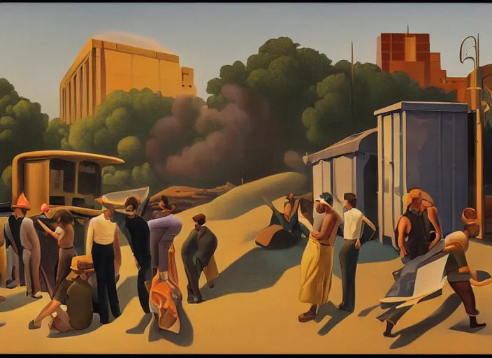 Prompt: people standing around a burning dumpster, an art deco painting by thomas hart benton, austin briggs, john philip falter, cg society, american scene painting, dystopian art, american realism, academic art