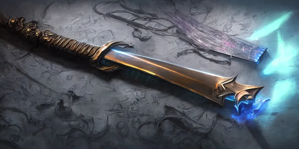 Image similar to legendary cybernetic sword lying flat on a glowing table with a long sharp black and iridescent sword blade, digital award winning hd matte painting, intimate dark moody, intricate, ornate spikes, colorful hilt, detailed realistic, raytraced blade, colored gems, future golden technological pommel, in the style of greg rutkowski and krenz cushart, deviantart