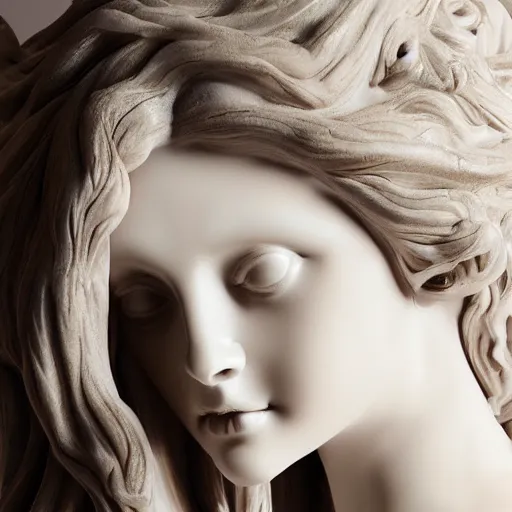 Prompt: portrait female medusa long hair, marble statue, beautiful delicate face, macro shot head, light realistic water sapphire eyes