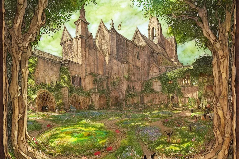 Prompt: an elaborate and dense painting of the peaceful redwall abbey in mossflower wood, detailed, made of alcohol ink on parchment and penned illustrations, by brian jacques and jean baptiste monge