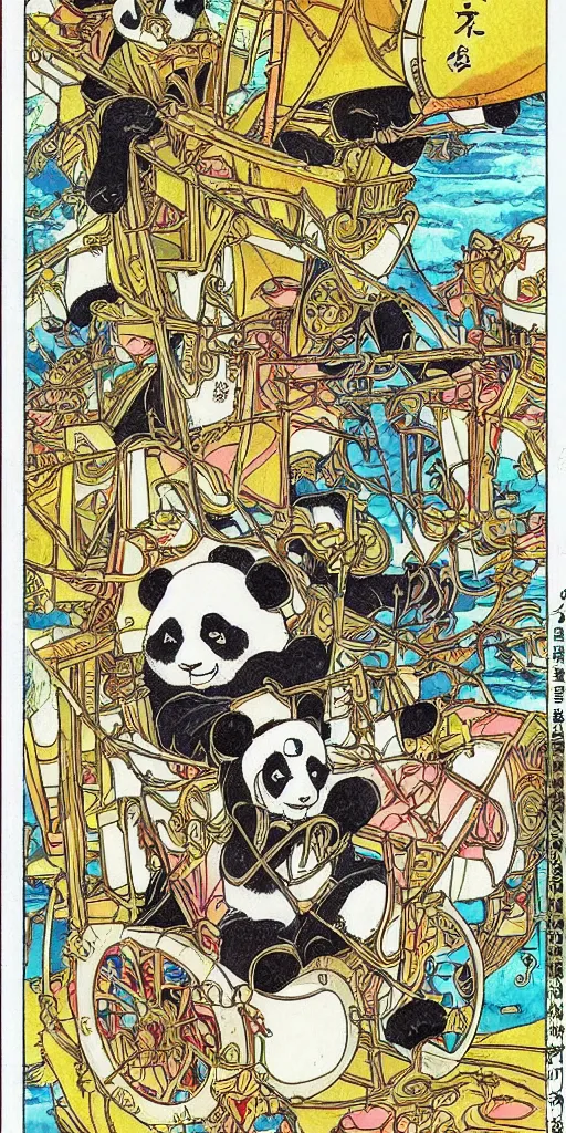 Image similar to a chariot drawn by pandas in japan, 1990s anime, full color, tarot card the chariot, highly detailed