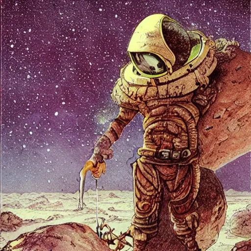 Prompt: barbarian on mars, standing on boulder facing clouded expanse, shrouded, science fiction pulp illustration, stunning