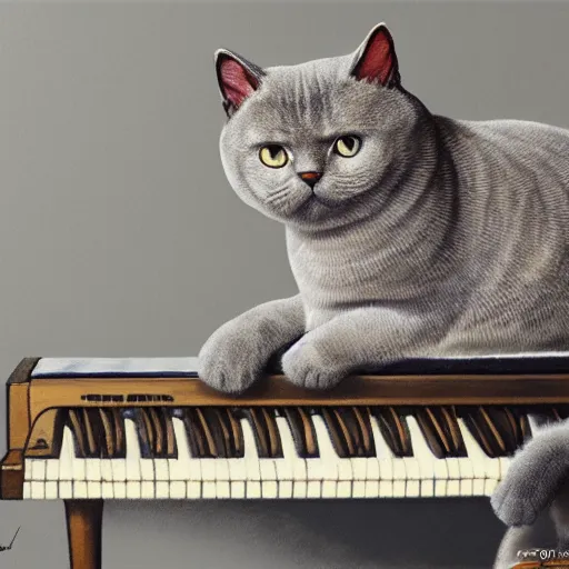 Image similar to grey british shorthair cat playing the piano, detailed painting in the style of ralph mcquarrie 4 k