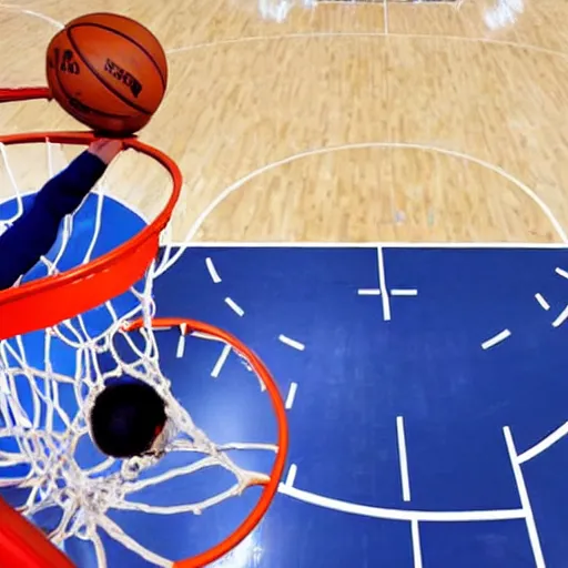 Prompt: photograph of stephen hawking dunking, highlights of the 2 0 1 9 nba slam dunking contest