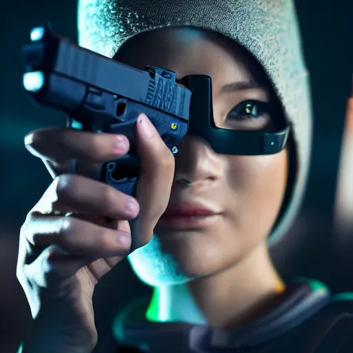 Image similar to photographic portrait of a techwear woman holding a Glock 18, closeup, on the rooftop of a futuristic city at night, sigma 85mm f/1.4, 4k, depth of field, high resolution, 4k, 8k, hd, full color