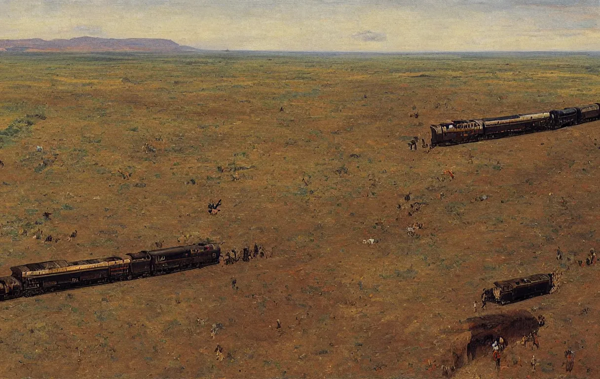 Prompt: train travelling on railroad across the nigerian plains, from above, 1885, highly detailed oil on canvas, by Ilya Repin