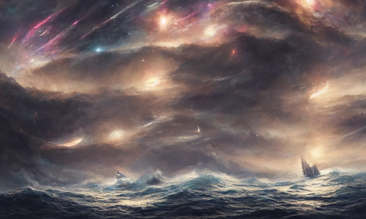 Prompt: a beautiful painting of a ship sailing across a violent tumultuous ocean made up of a galaxies and stars in the space by John Blanche and Greg Rutkowski, trending on Artstation, midjourney