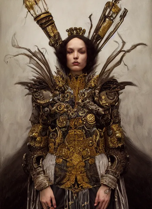 Prompt: highly detailed oil painting | very intricate | cinematic lighting | award - winning | ceremonial blazer armor fashion by alexander mcqueen | by roberto ferri, by tom bagshaw, by j. c. leyendecker and klimt, american romanticism, by austin osman spare, artstation, cgsociety, official art, octane