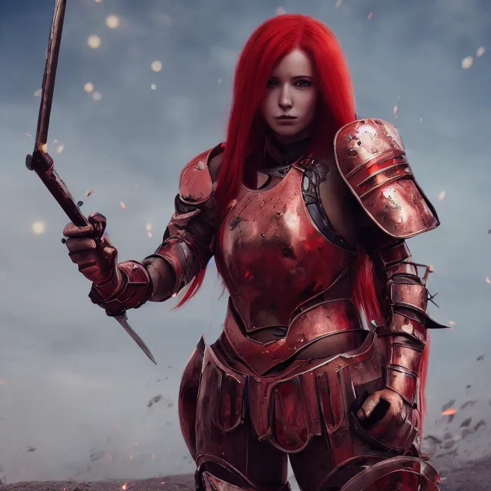 Prompt: a girl with long red hair wearing a red plate armor in a battlefield, 3d render, octane render, unreal engine 5, 8k hdr, hyperrealistic, highly detailed, high quality, concept art, trending on Artstation, full-body armor,