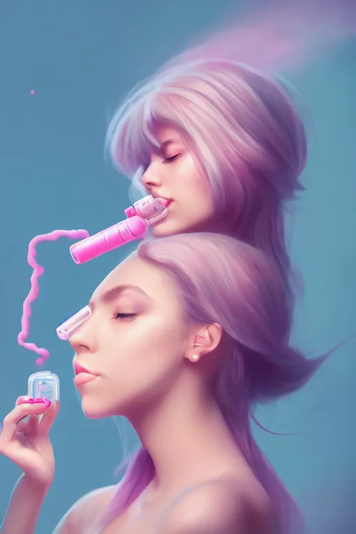 Prompt: Beautiful, Cute Woman Breathing Through a Handheld Pink Vapor Inhaler, side view, fantasy, magic, ultra detailed, digital art, trending on artstation, illustration