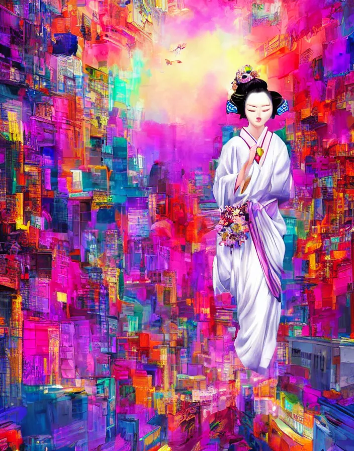 Image similar to semi semi realistic digital painting!! beautiful geisha flying over a colorful city, dramatic, xray melting colors!!