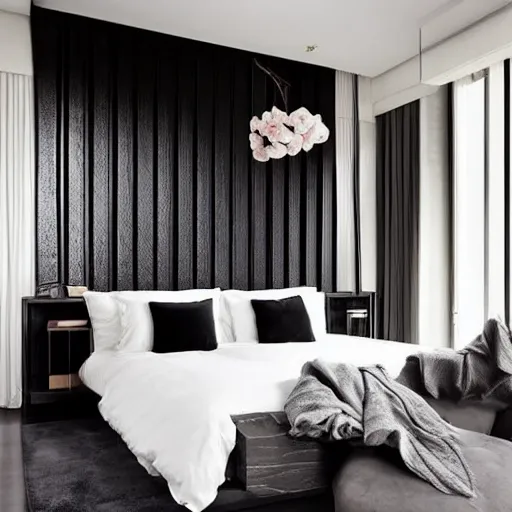 Prompt: bedroom, interior design, stylish luxury hotel bedroom design, black vertical slatted timber, !stone, textures, feminine, black walls, art, vase with flowers, Japanese and Scandinavian influences