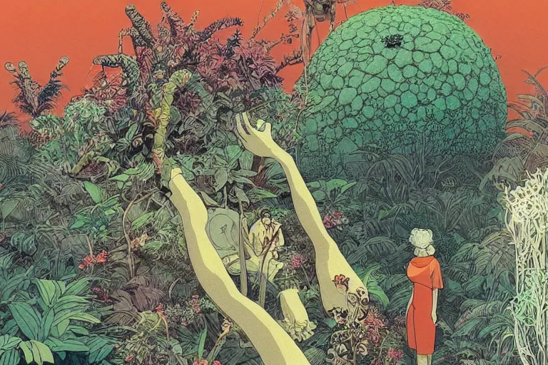 Image similar to gigantic woman head, a lot of exotic vegetation around, trees, flowers, risograph!, oldschool vintage sci - fi flat surreal design, super - detailed, painting by moebius and satoshi kon