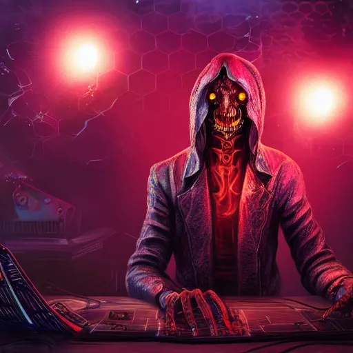 Image similar to cyberpunk undead lich ilithid mindflayer playing synthesizer, honeycomb background, D&D, smokey lights, lasers, highly detailed, realistic, technology and magic,