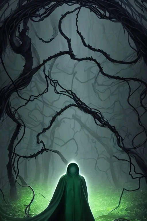 Prompt: A full body portrait of a ghost like character with no face, glowing eyes and a very long hooded dark green cloak of leaves and vines, forest spirits flying in the background art by Shaddy Safadi and Jason Chan, ominous, cosmic horror, trending on artstation, Ultra detailed, hyper realistic 4k