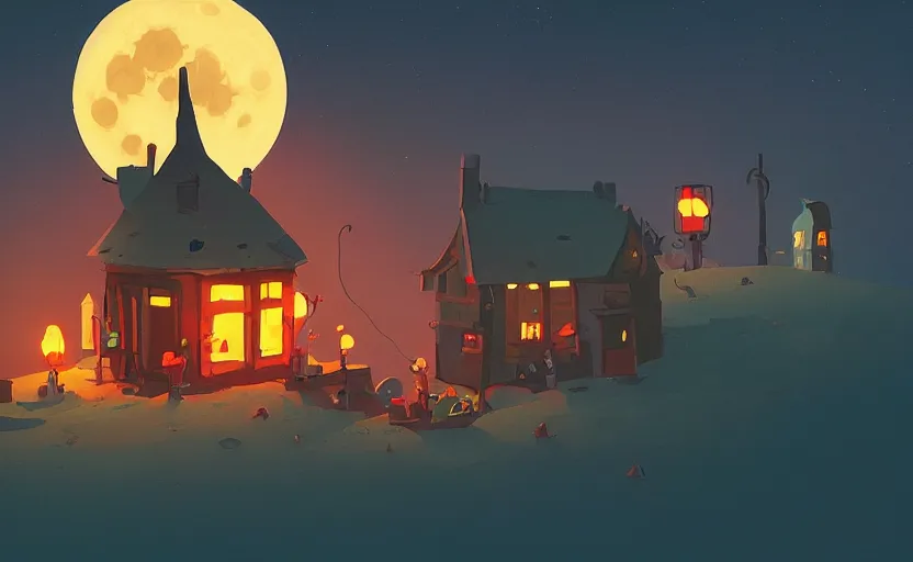 Prompt: witch's shop on a hill against the moon, james gilleard, print, game art