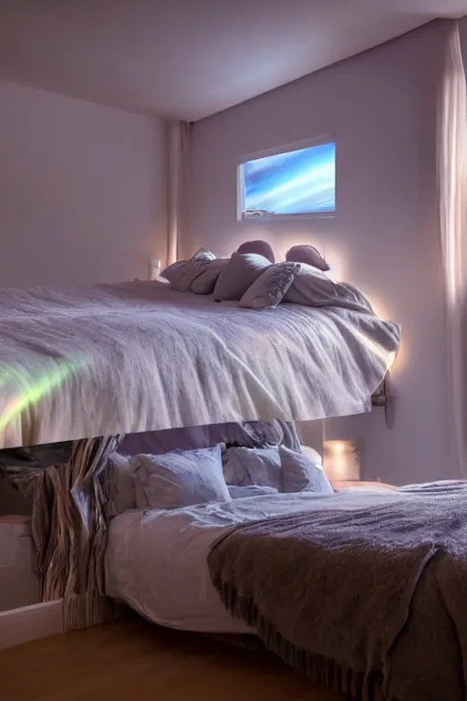 Prompt: polar lights auroras inside a bedroom, wide angle, cinematic light
